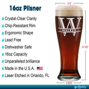 Personalized Initial Monogram with Name Etched 16oz Beer Pilsner Glass