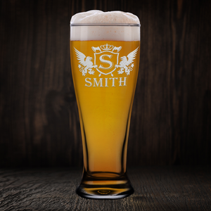 Personalized Monogram Initial Badge Crown Etched 16oz Beer Pilsner Glass