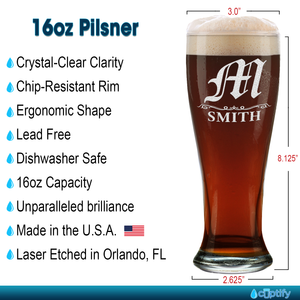 Personalized Gothic Initial Etched 16oz Beer Pilsner Glass