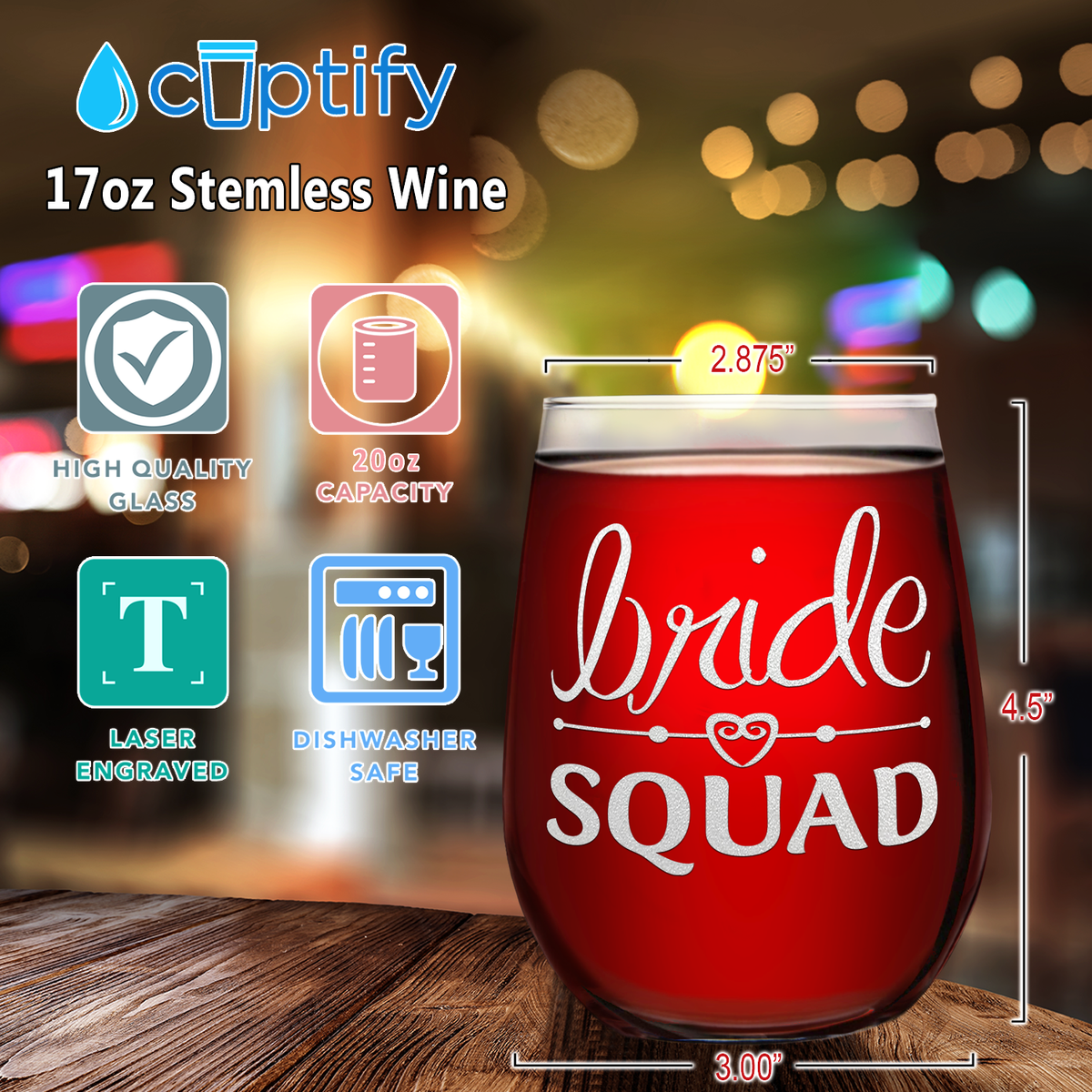 Bride Squad Hearts on 17 oz Stemless Wine Glass