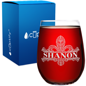 Personalized Fleur de Lis Etched 17oz Stemless Wine Glass