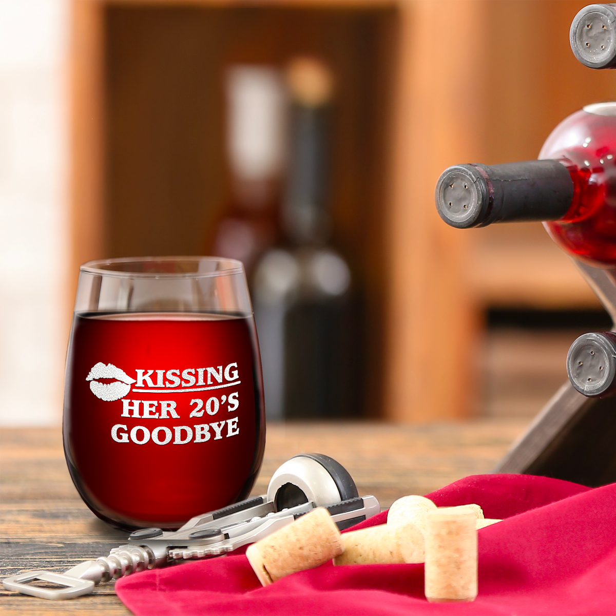 Kissing Her 20's Goodbye on 17oz Stemless Wine Glass