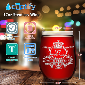 50th Birthday Limited Edition Vintage 17oz Stemless Wine Glass