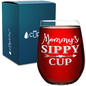 Mommy's Sippy Cup with Heart Arrow on 17oz Stemless Wine Glass