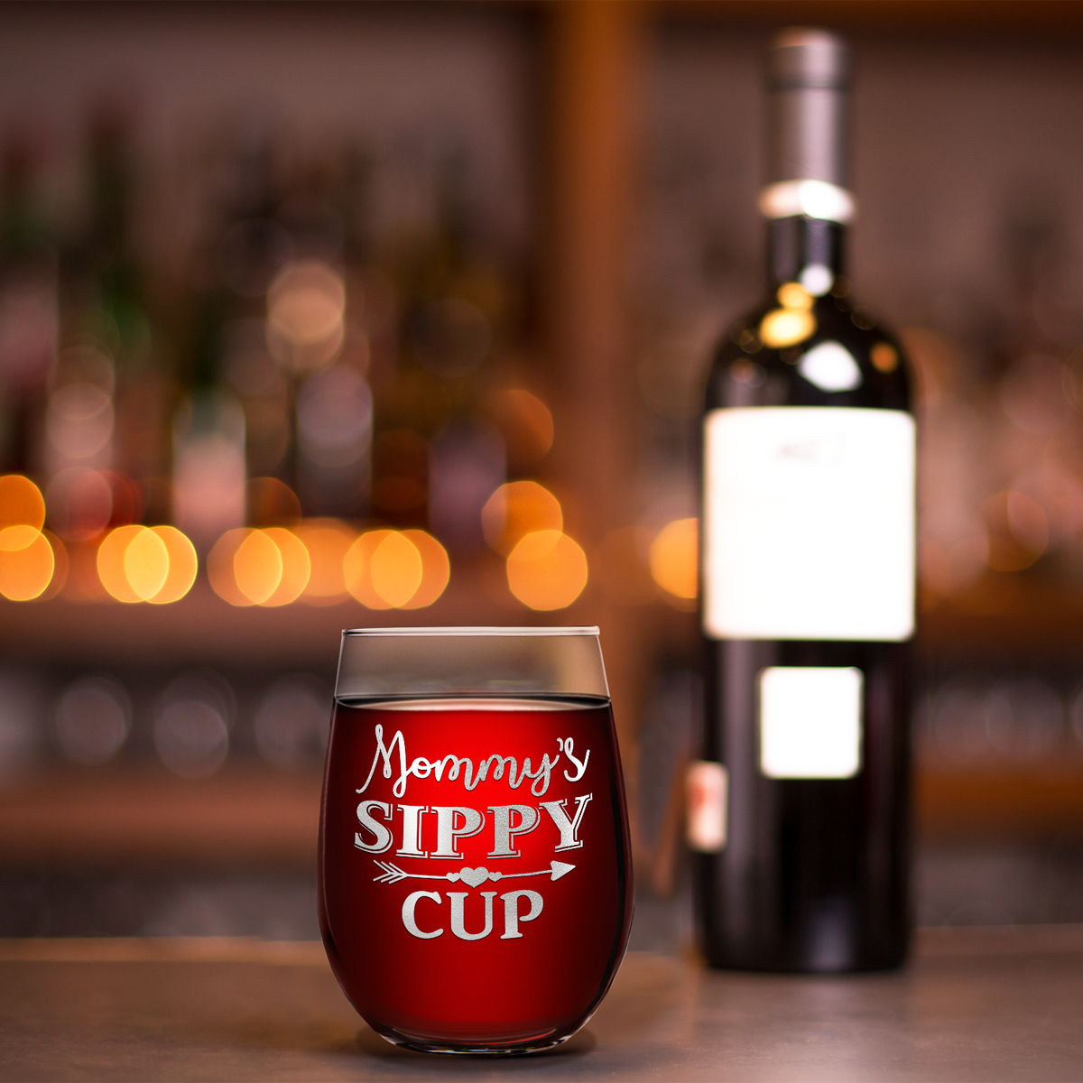 Mommy's Sippy Cup with Heart Arrow on 17oz Stemless Wine Glass
