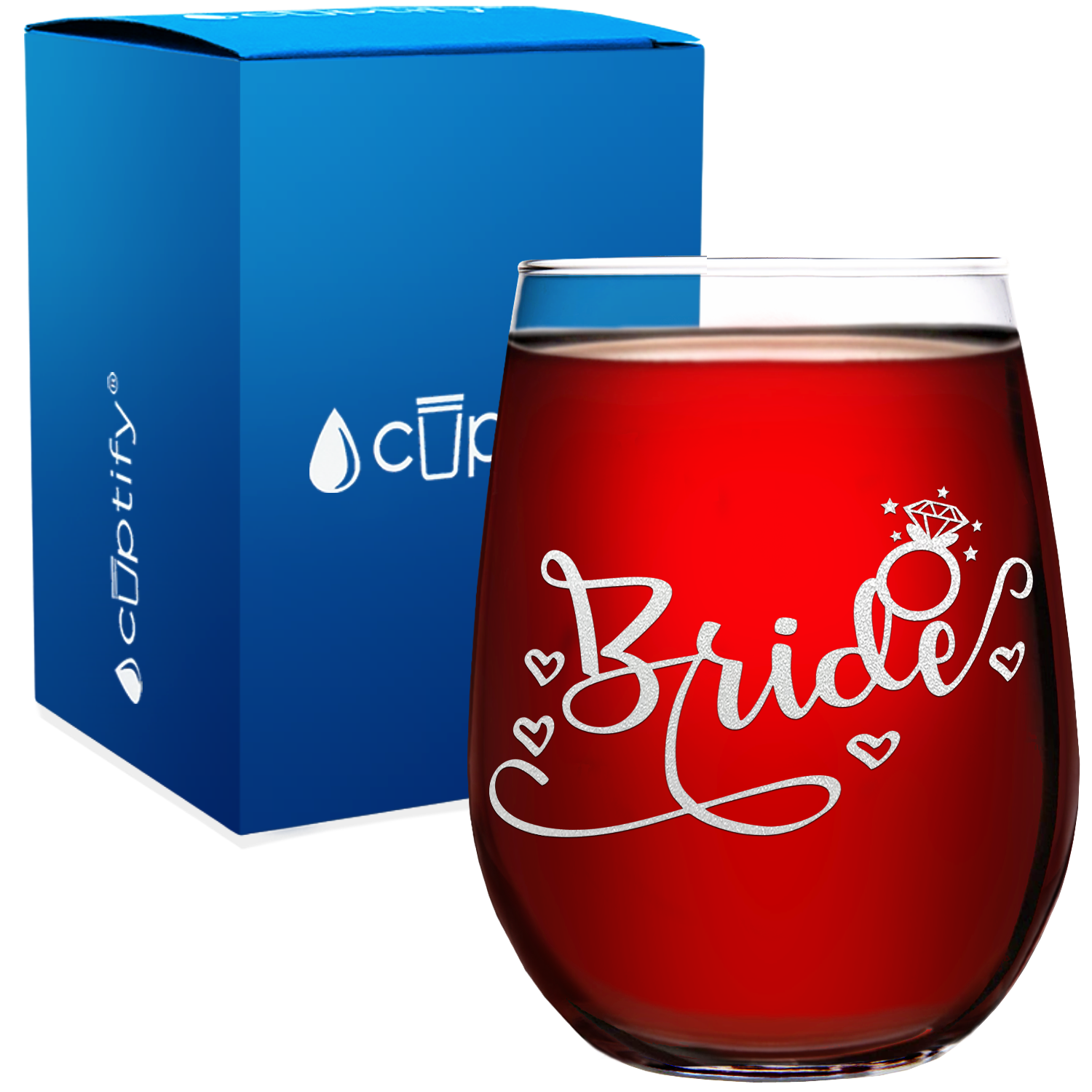 Bride Hearts Etched on 17 oz Stemless Wine Glass