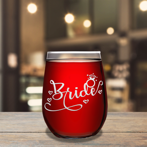 Bride Hearts Etched on 17 oz Stemless Wine Glass