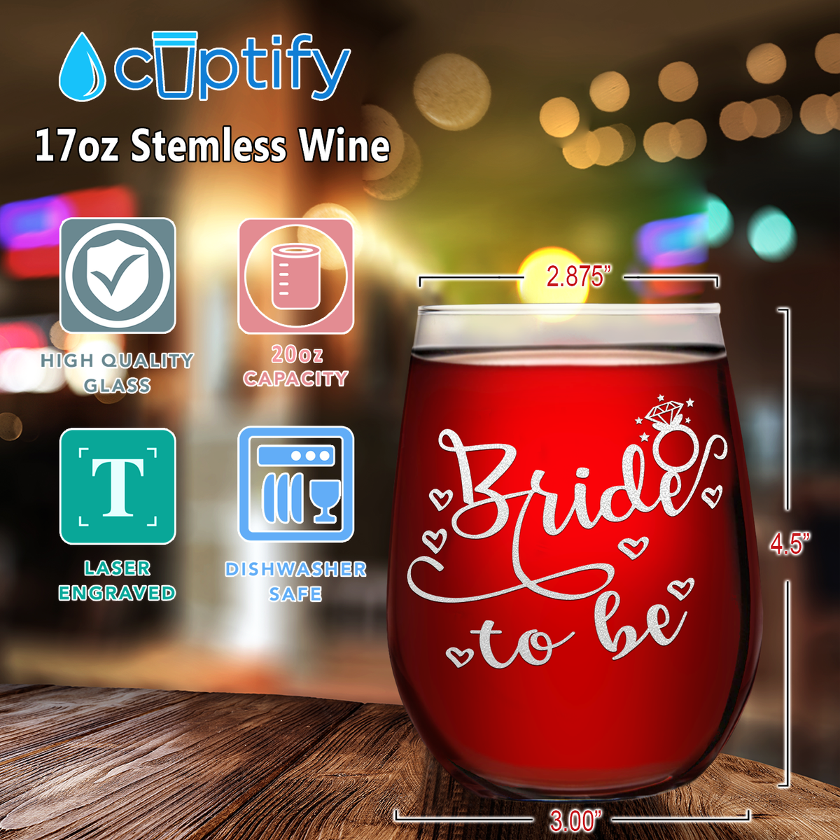 Bride To Be Etched on 17 oz Stemless Wine Glass