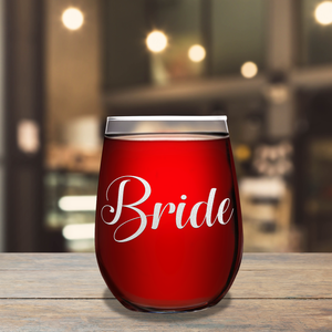 Bride Etched on 17 oz Stemless Wine Glass
