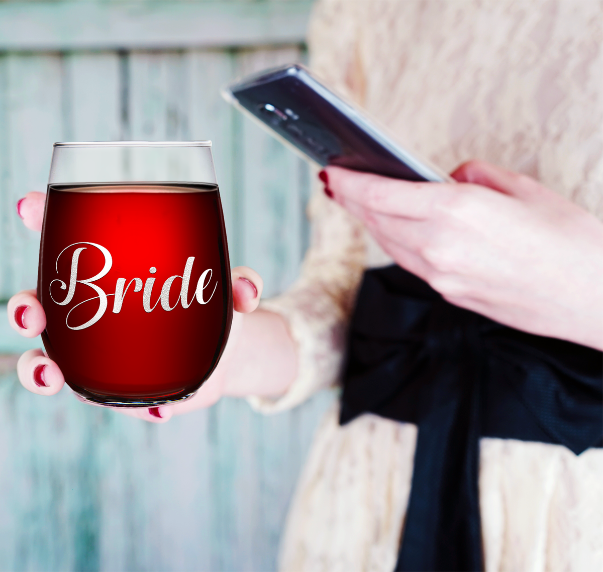 Bride Etched on 17 oz Stemless Wine Glass