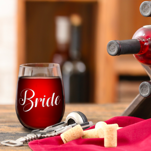 Bride Etched on 17 oz Stemless Wine Glass