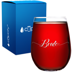 Elegant Bride Swirls Etched on 17 oz Stemless Wine Glass