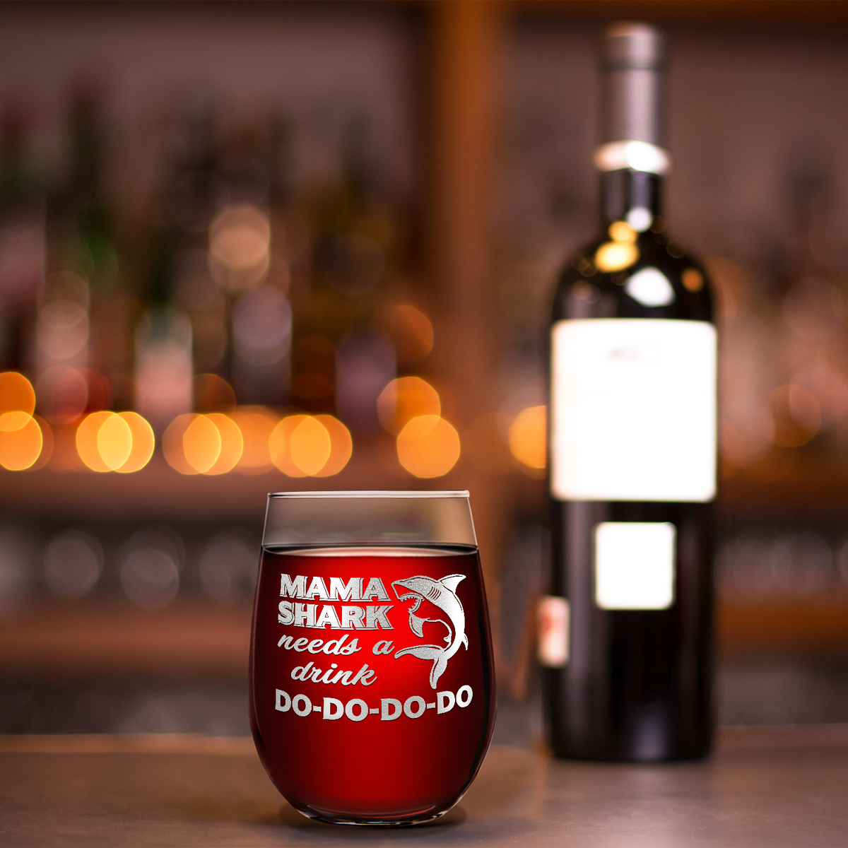 Mama Shark Needs a Drink Laser Engraved 15 oz Stemless Wine Glass
