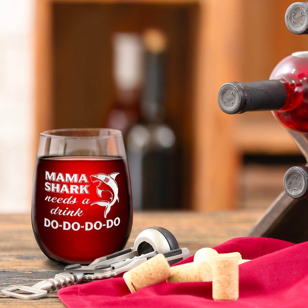 Mama Shark Needs a Drink Laser Engraved 15 oz Stemless Wine Glass