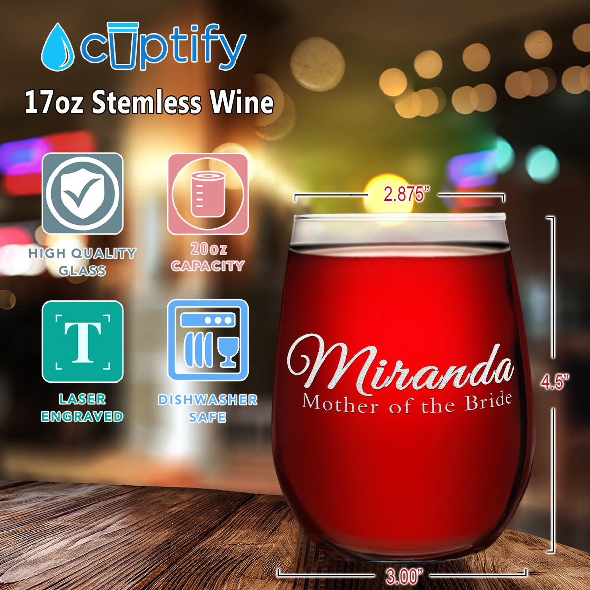 Personalized Mother of the Bride Etched on 17 oz Stemless Wine Glass