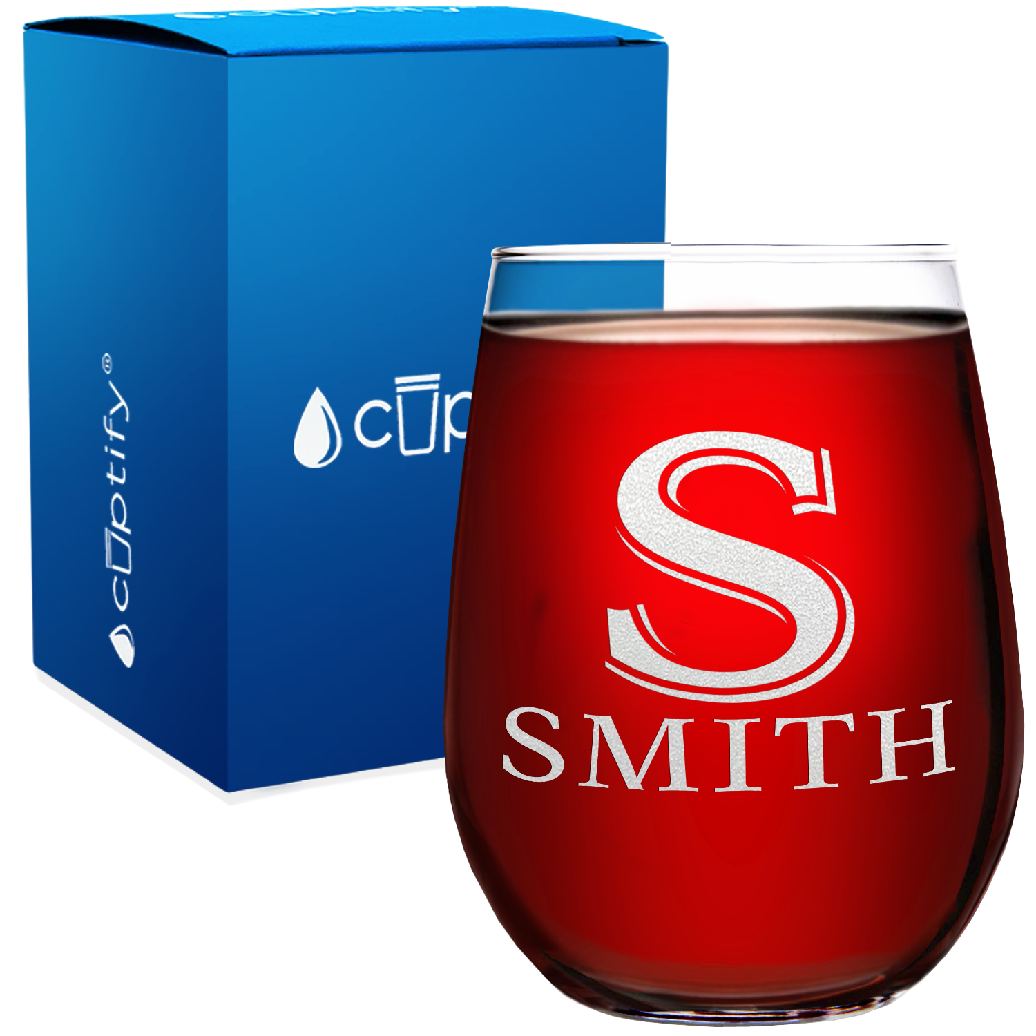 Personalized Initial and Name Etched 17oz Stemless Wine Glass