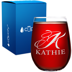Personalized Script Monogram Initial and Name Etched 17oz Stemless Wine Glass