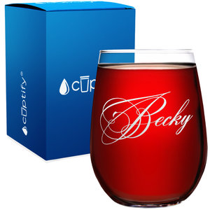 Personalized Decorative Script Etched 17oz Stemless Wine Glass