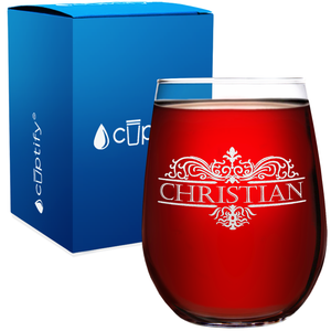 Personalized Vestige Monogram Etched 17oz Stemless Wine Glass