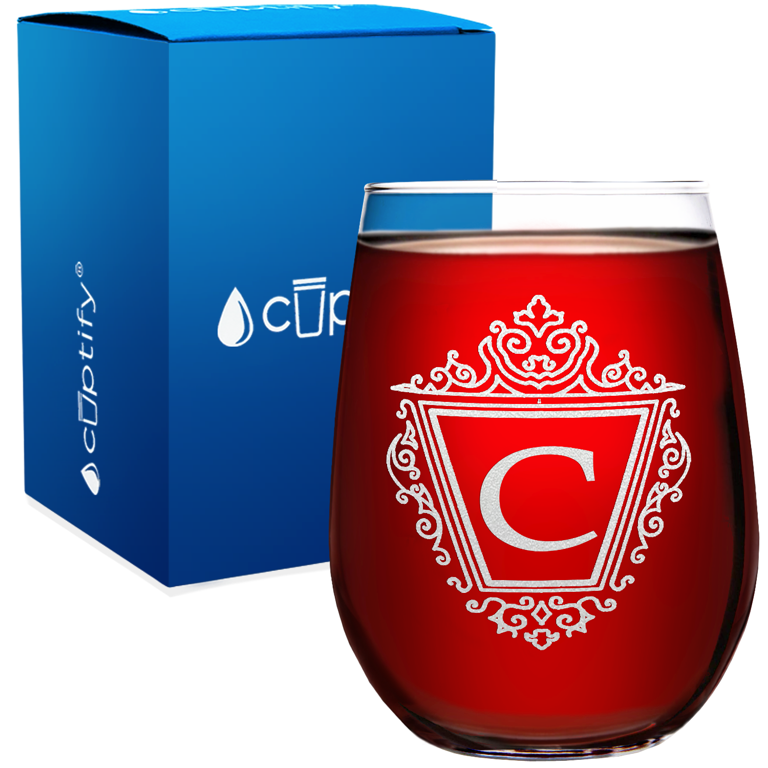 Personalized Classic Crest Etched 17oz Stemless Wine Glass