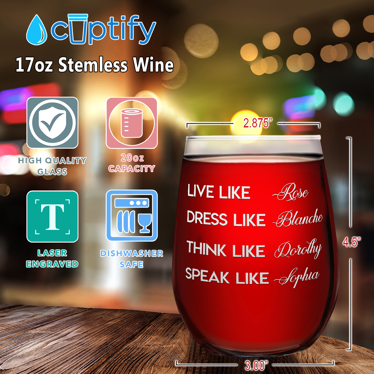 Golden Girls on 17oz Stemless Wine Glass