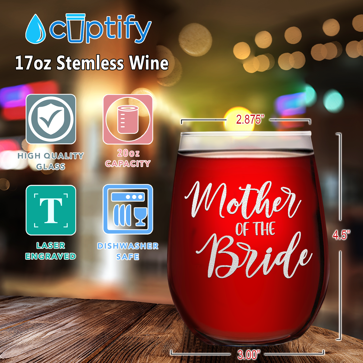 Mother of the Bride on 17oz Stemless Wine Glass