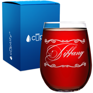 Personalized Scroll Script Etched 17oz Stemless Wine Glass