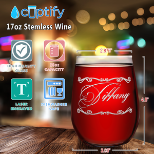 Personalized Scroll Script Etched 17oz Stemless Wine Glass