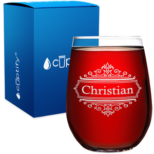 Personalized Crest Border Etched 17oz Stemless Wine Glass