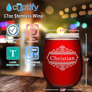 Personalized Crest Border Etched 17oz Stemless Wine Glass