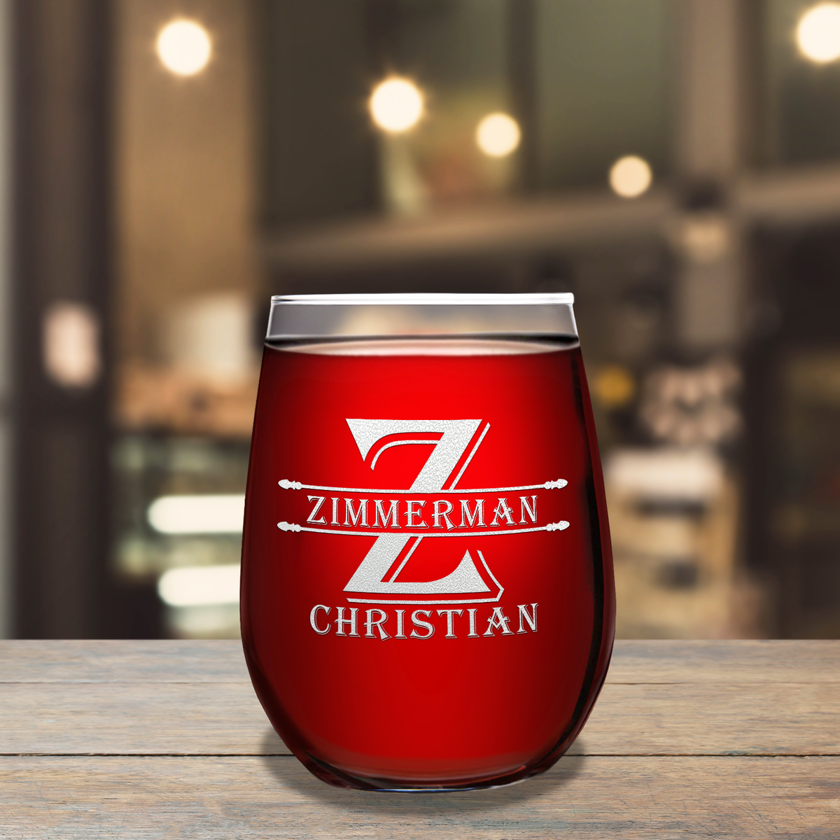 Personalized Initial Block Etched 17oz Stemless Wine Glass