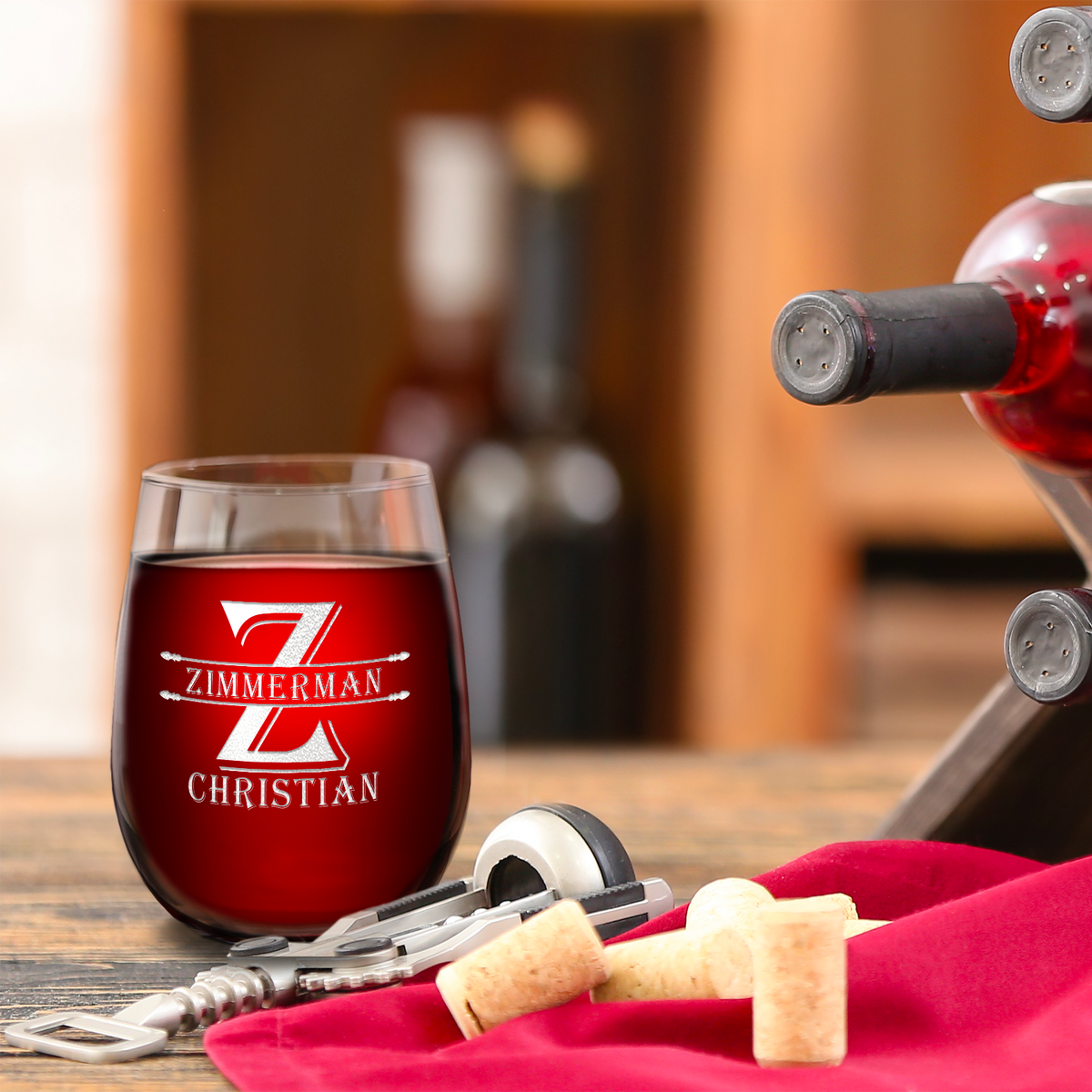 Personalized Initial Block Etched 17oz Stemless Wine Glass