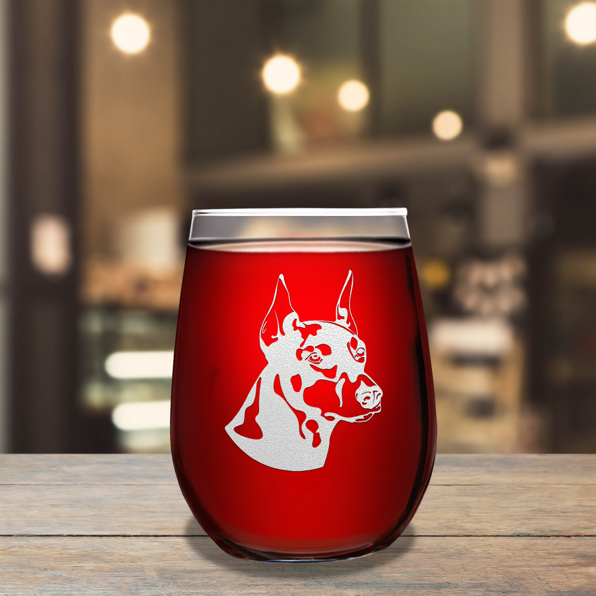 Doberman Pinscher Head 17oz Stemless Wine Glass
