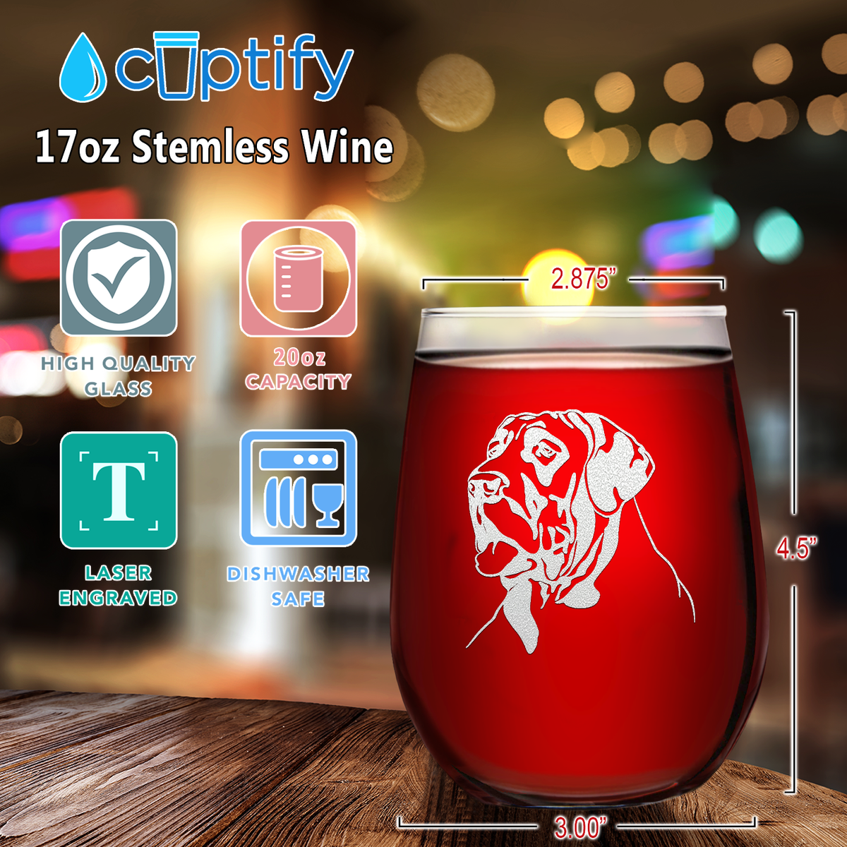 Great Dane Head 17oz Stemless Wine Glass