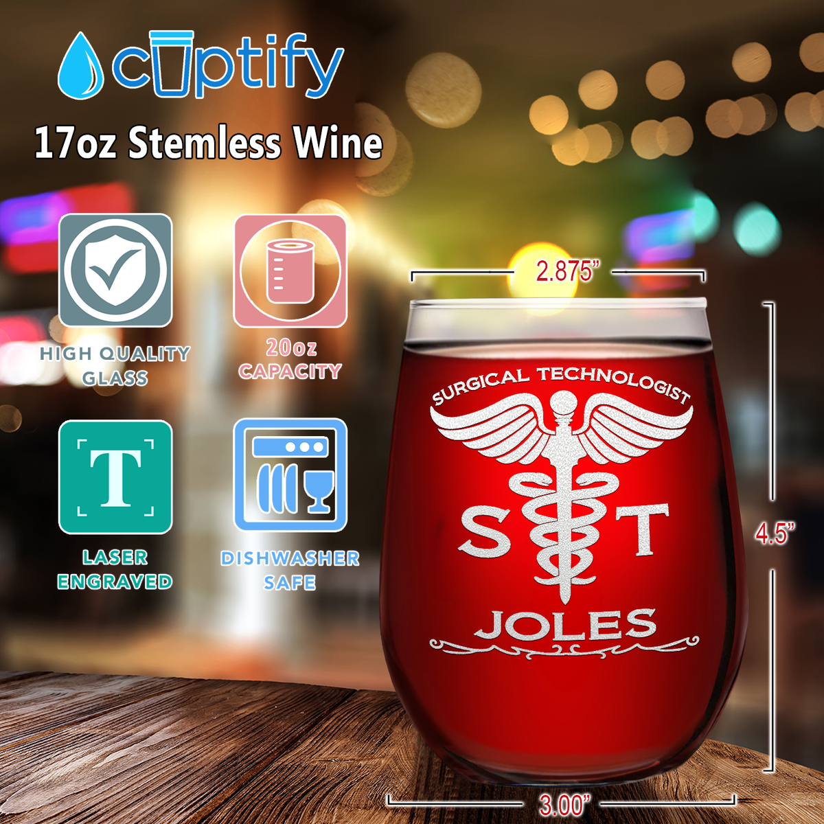 Personalized ST Surgical Technologist 17oz Stemless Wine Glass