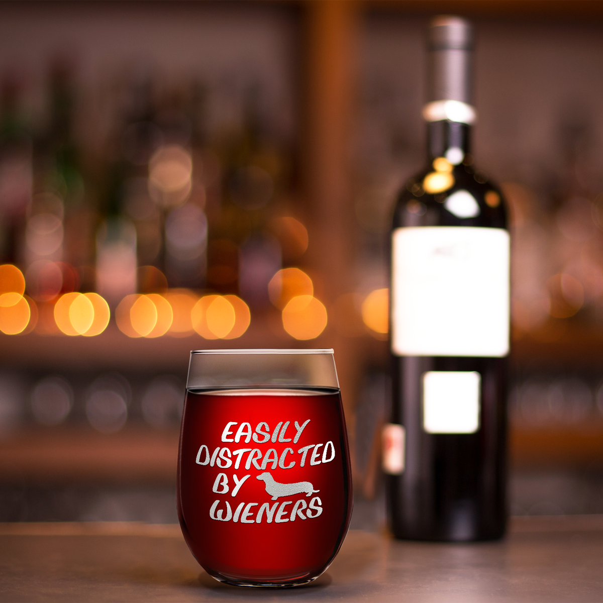 Easily Distracted by Wieners Laser Engraved on 15 oz Stemless Wine Glass