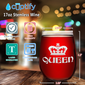 Queen Crown on 17oz Stemless Wine Glass
