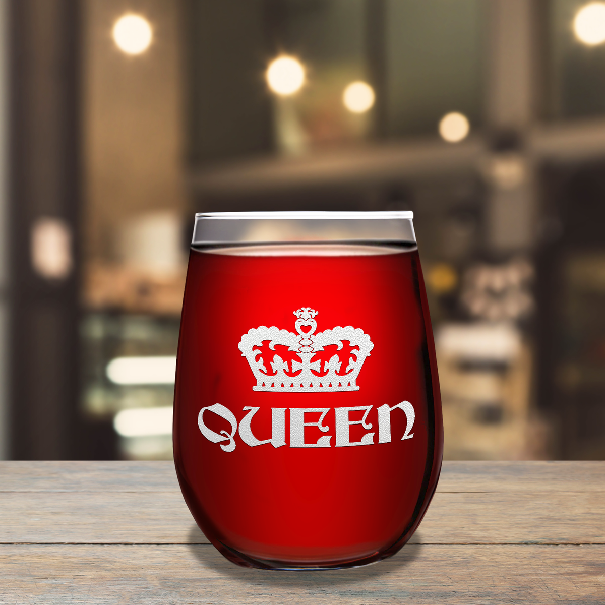 Queen Crown Laser Engraved on 15 oz Stemless Wine Glass