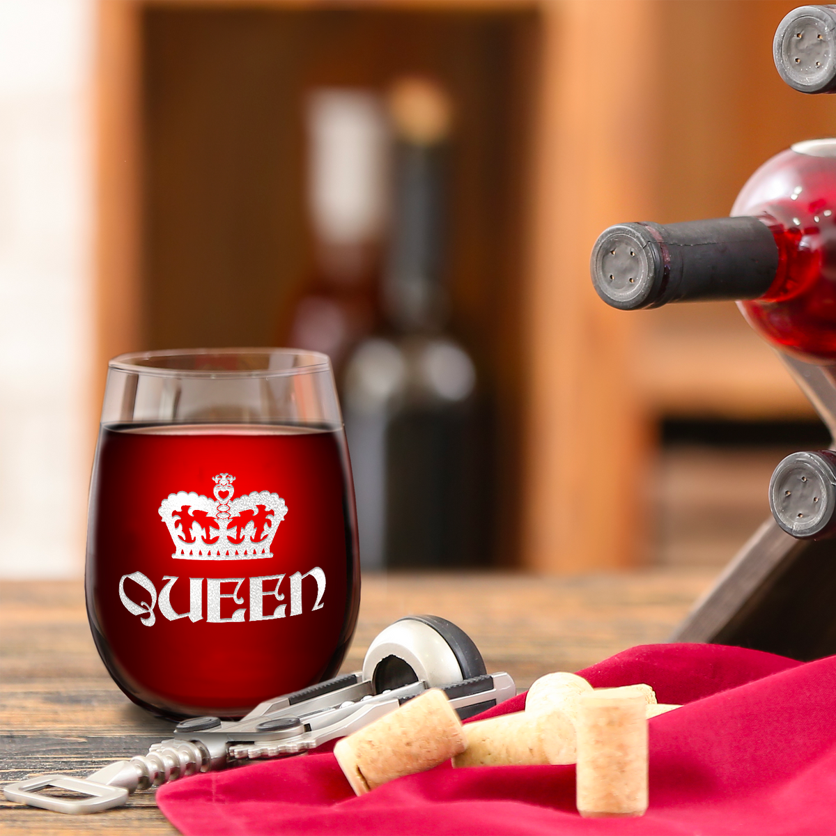 Queen Crown Laser Engraved on 15 oz Stemless Wine Glass