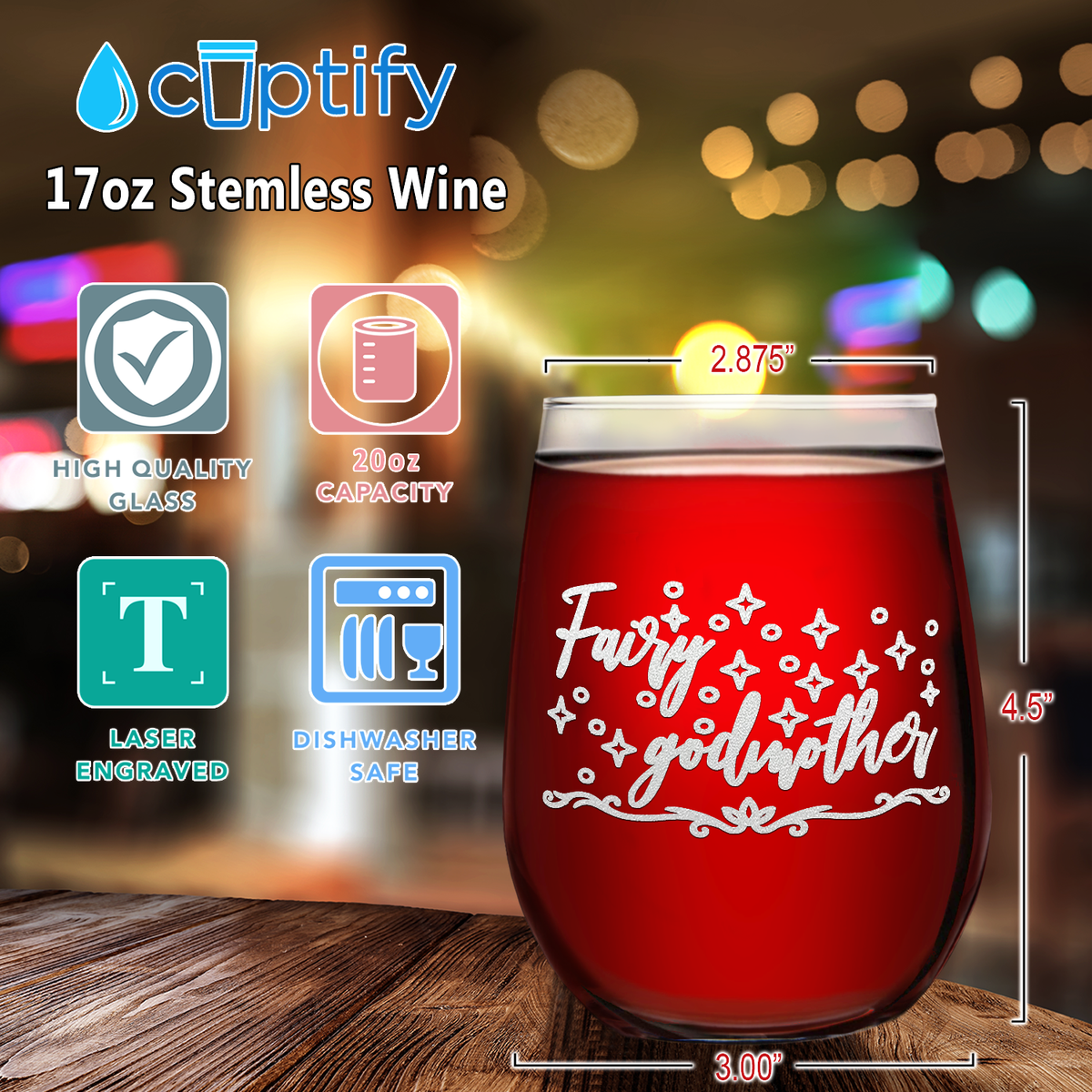 Fairy Godmother on 17oz Stemless Wine Glass