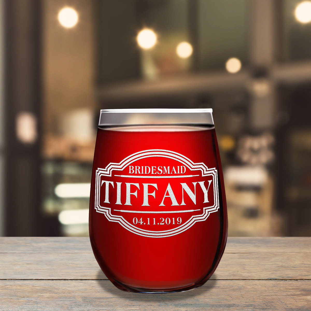 Personalized Bridesmaid with Date Etched on 17 oz Stemless Wine Glass