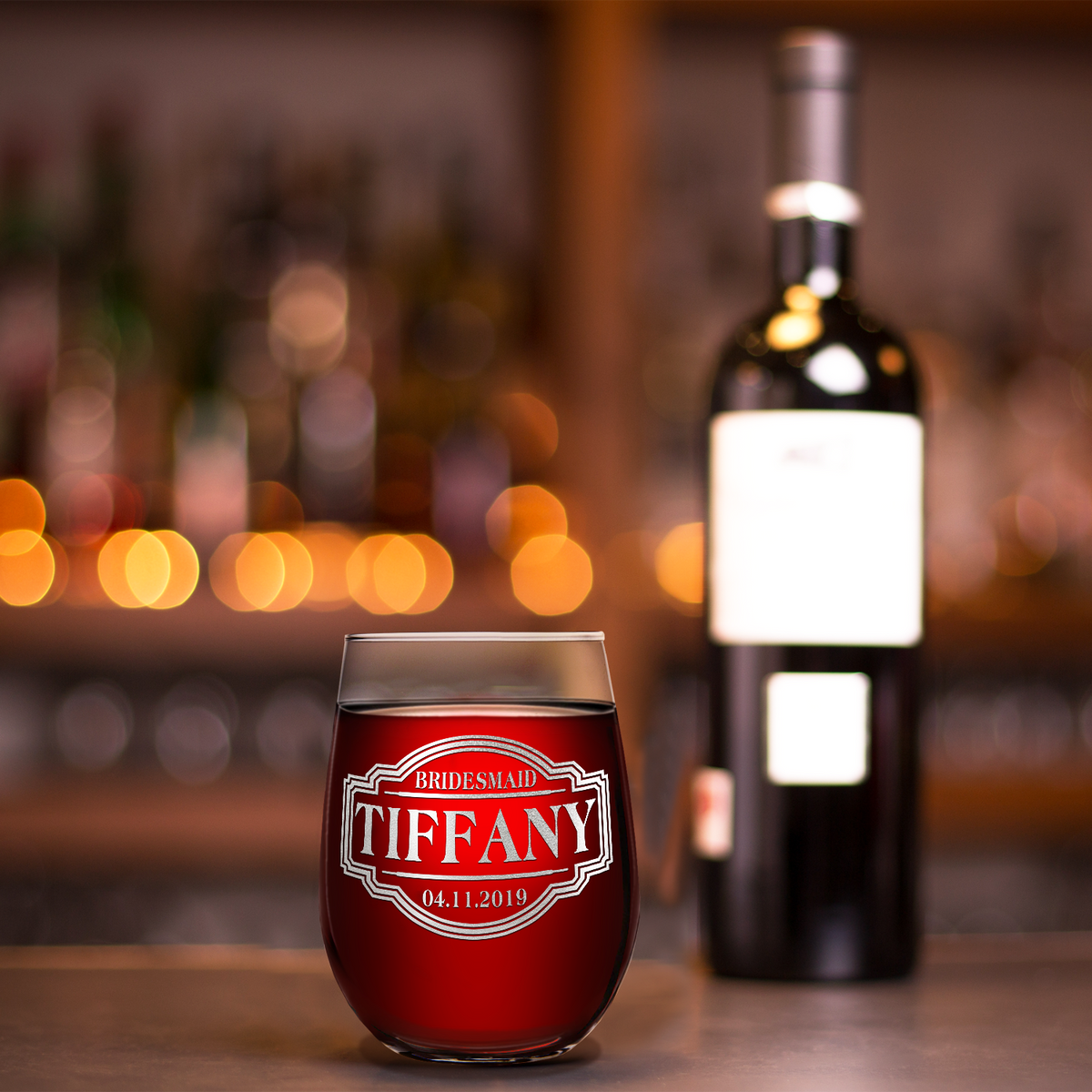 Personalized Bridesmaid with Date Etched on 17 oz Stemless Wine Glass