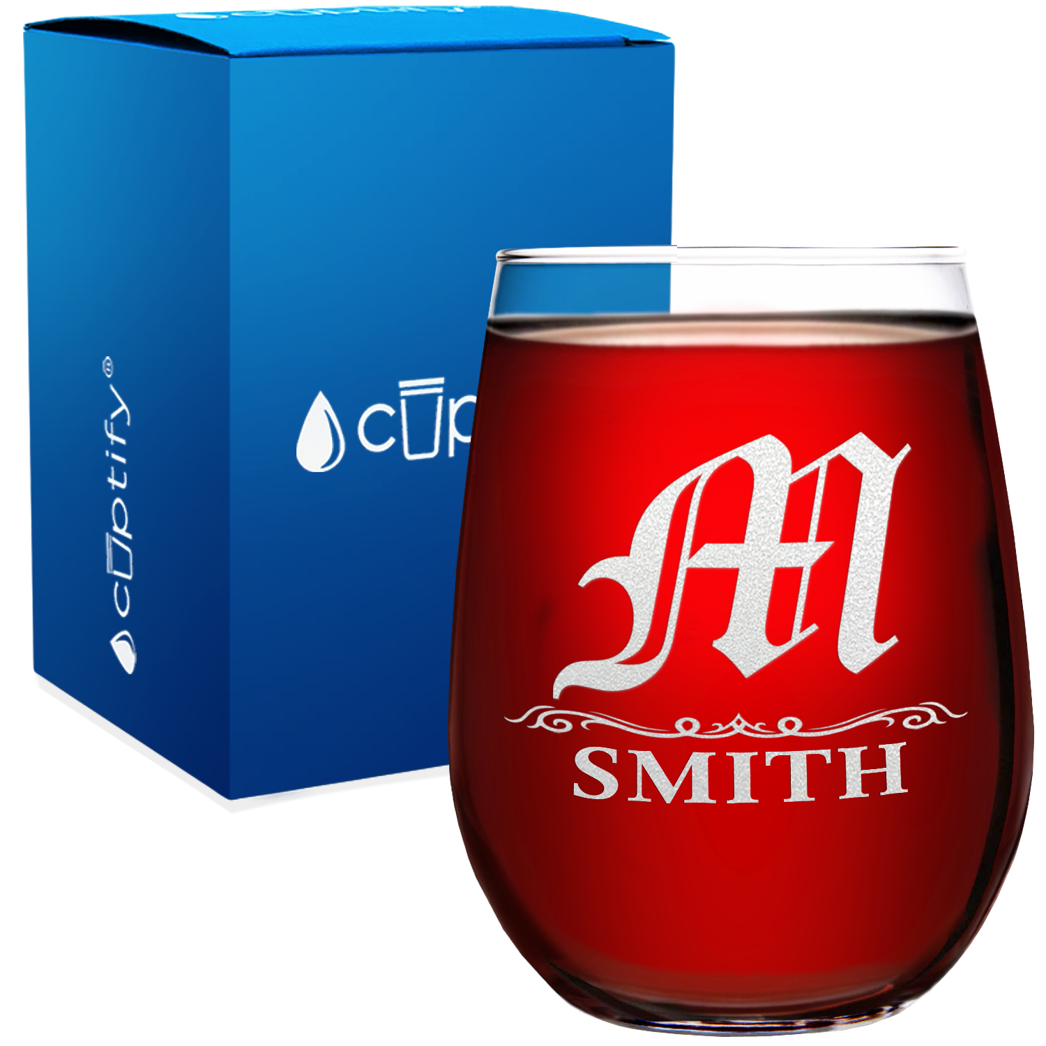 Personalized Gothic Initial Etched 17oz Stemless Wine Glass