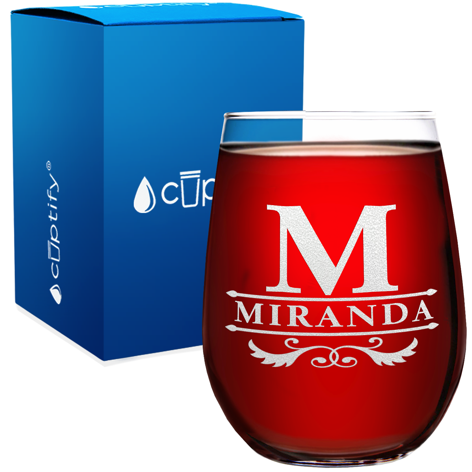 Personalized Initial Style Etched 17oz Stemless Wine Glass