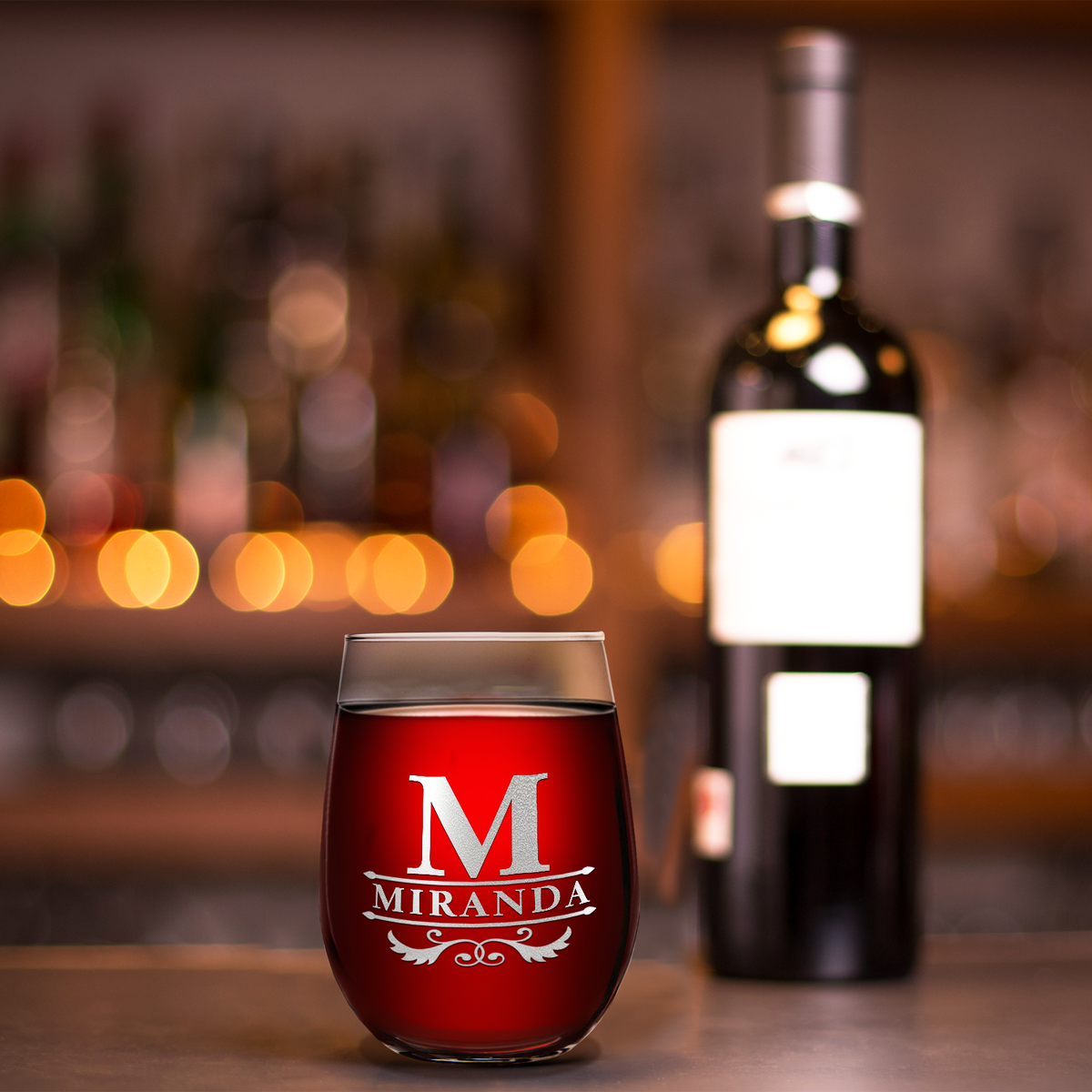 Personalized Initial Style Etched 17oz Stemless Wine Glass