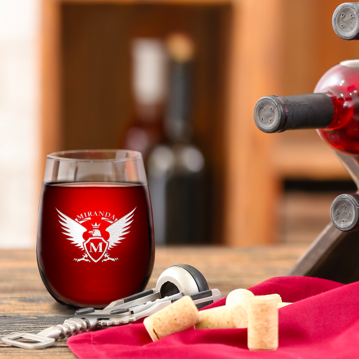 Personalized Eagle Etched 17oz Stemless Wine Glass