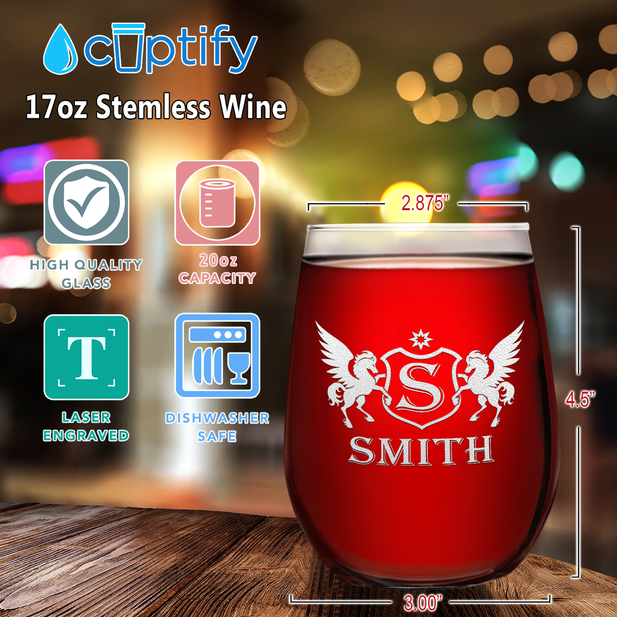 Personalized Pegasus Etched 17oz Stemless Wine Glass