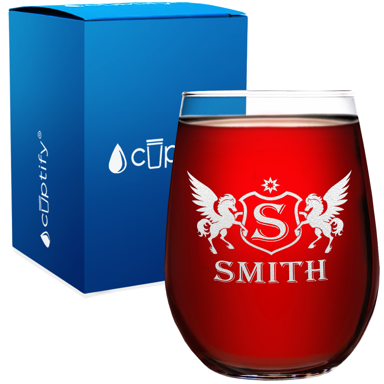 Personalized Pegasus Etched 17oz Stemless Wine Glass