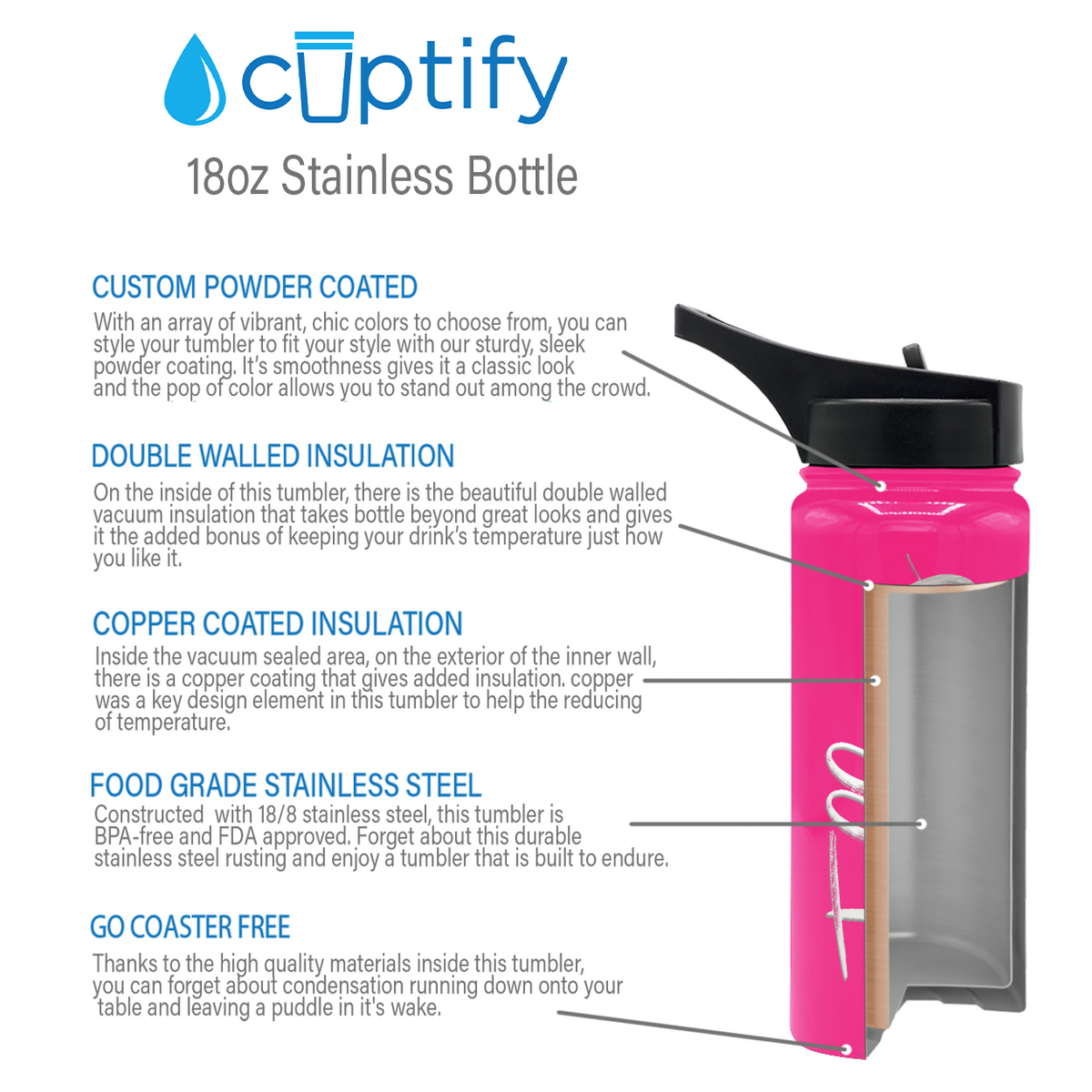 Cuptify Personalized Laser Engraved on Bright Pink Gloss 18 oz Bottle