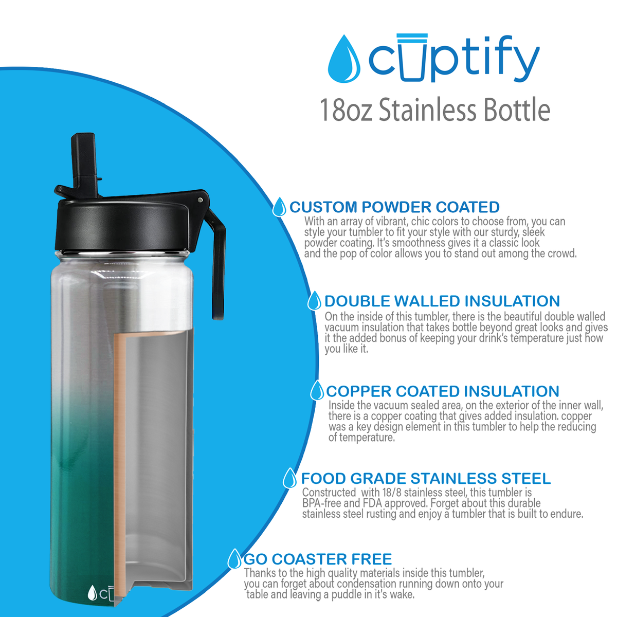 Teal Ombre Translucent 18oz Wide Mouth Water Bottle